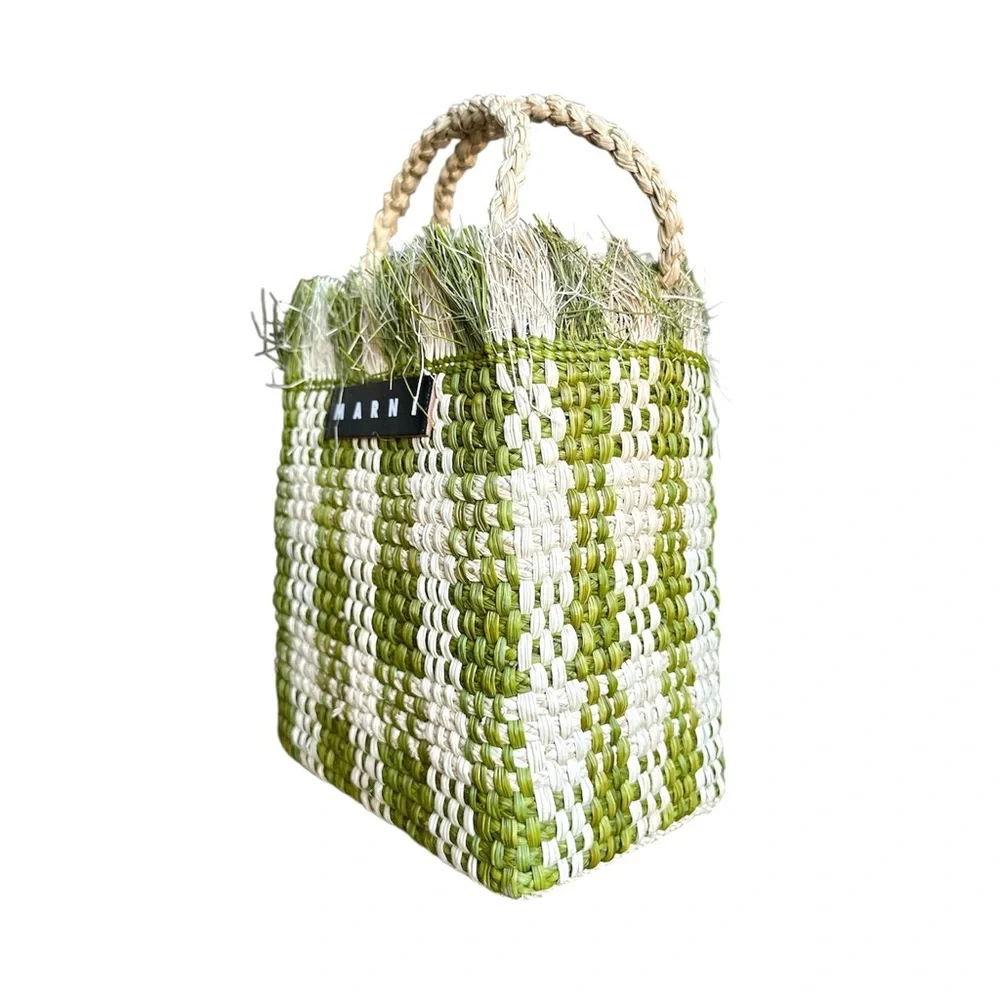 Marni Market Olive and Cream Woven Raffia Tote Bag - Picture 4 of 9